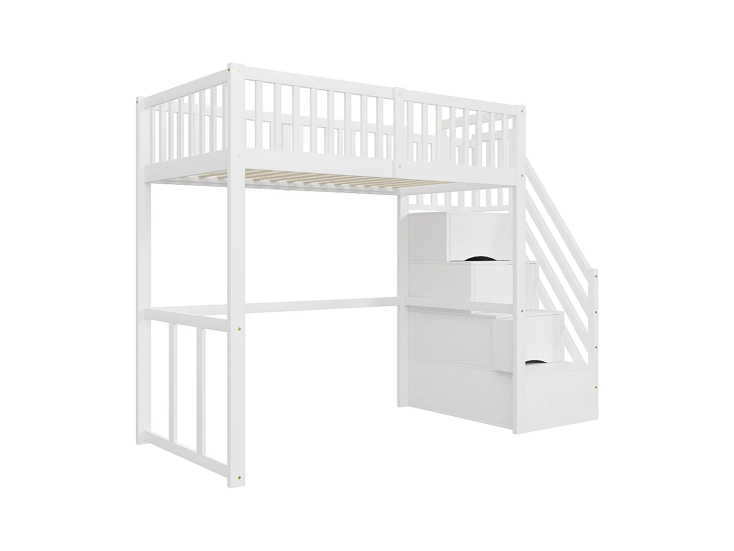 Lit mezzanine 90x200cm en bois massif - avec escalier de rangement - Blanc