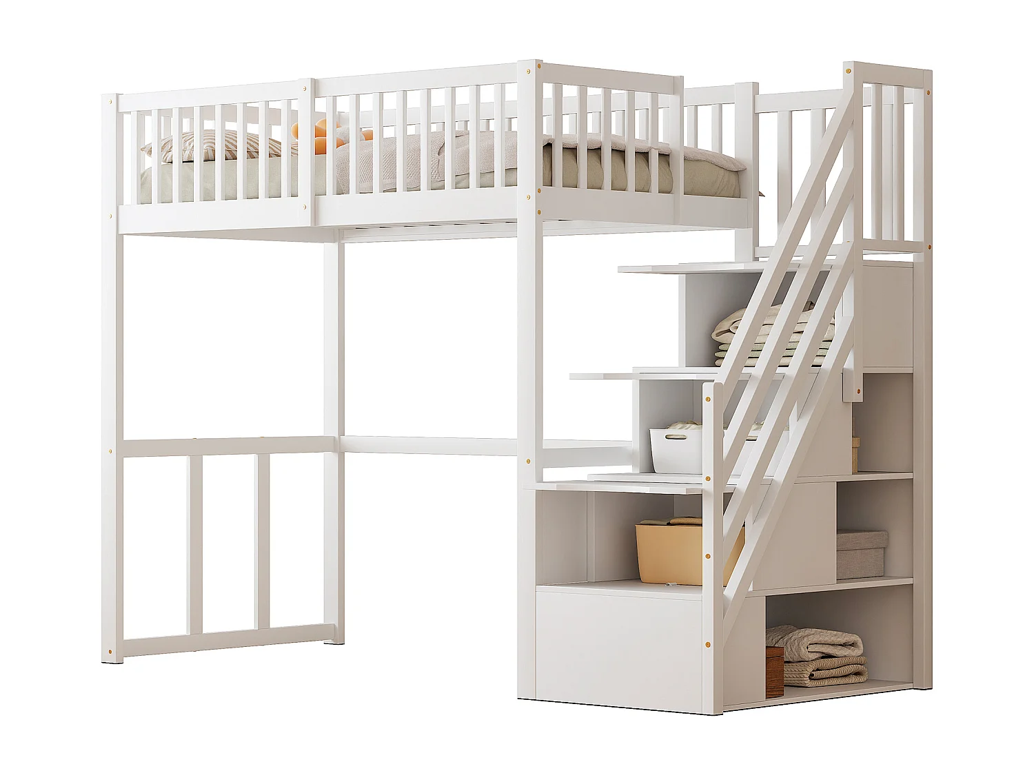 Lit mezzanine 90x200cm en bois massif - avec escalier de rangement - Blanc