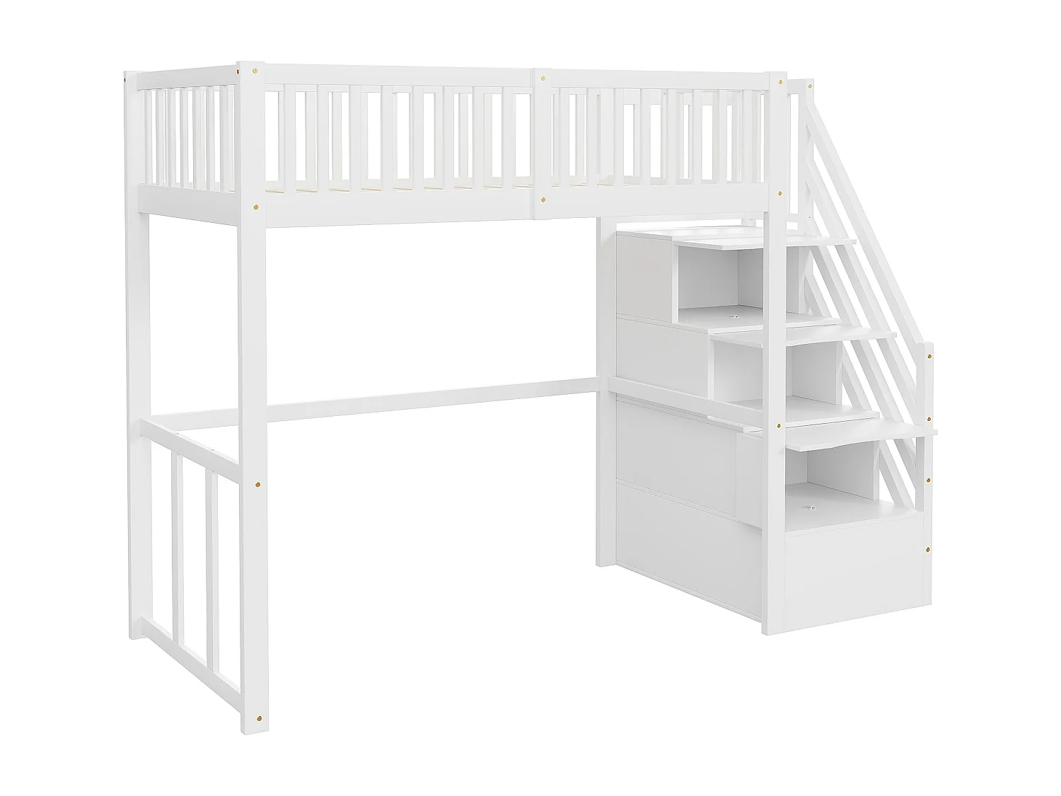 Lit mezzanine 90x200cm en bois massif - avec escalier de rangement - Blanc