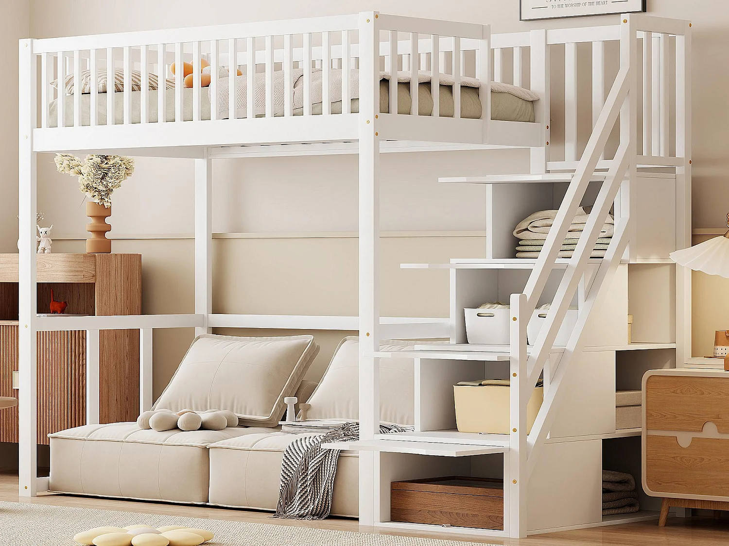 Lit mezzanine 90x200cm en bois massif - avec escalier de rangement - Blanc