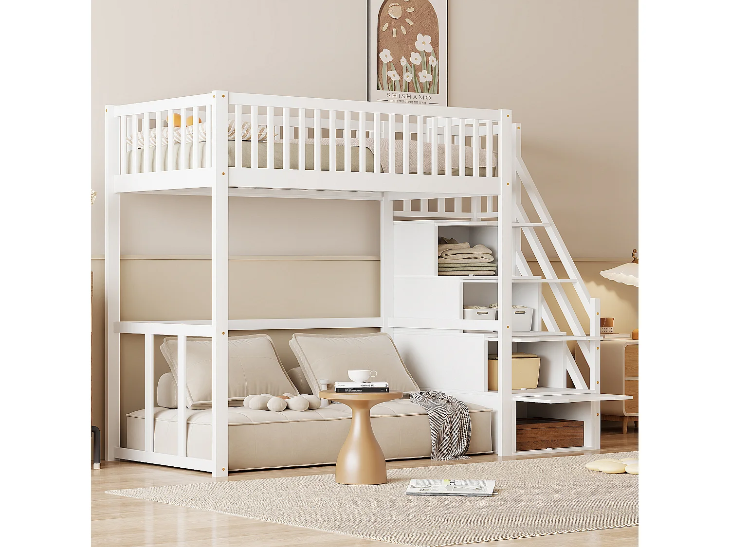 Lit mezzanine 90x200cm en bois massif - avec escalier de rangement - Blanc