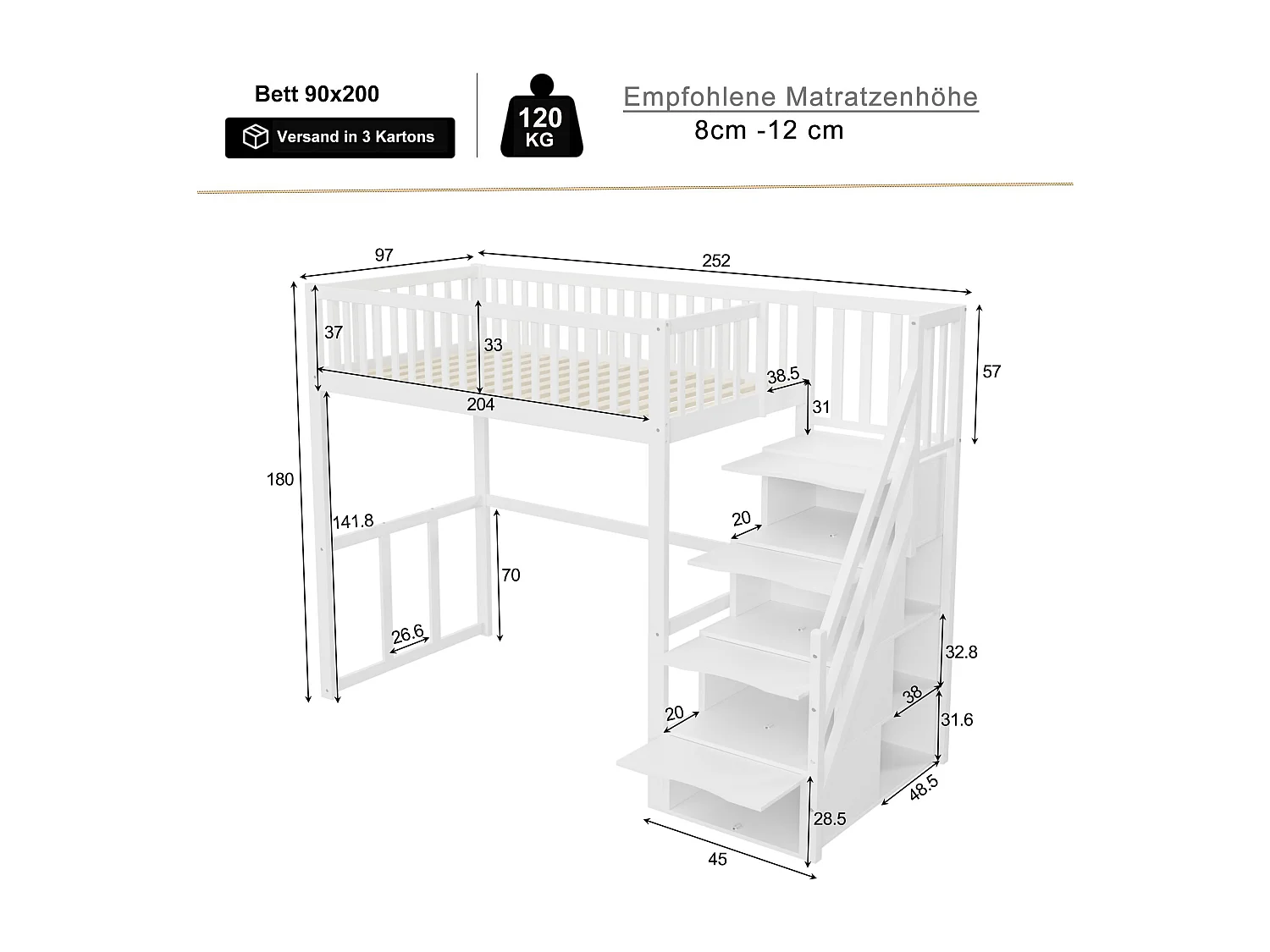 Lit mezzanine 90x200cm en bois massif - avec escalier de rangement - Blanc
