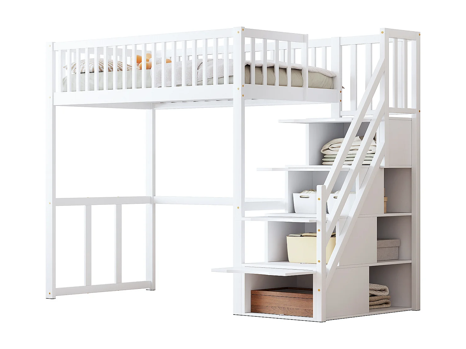 Lit mezzanine 90x200cm en bois massif - avec escalier de rangement - Blanc