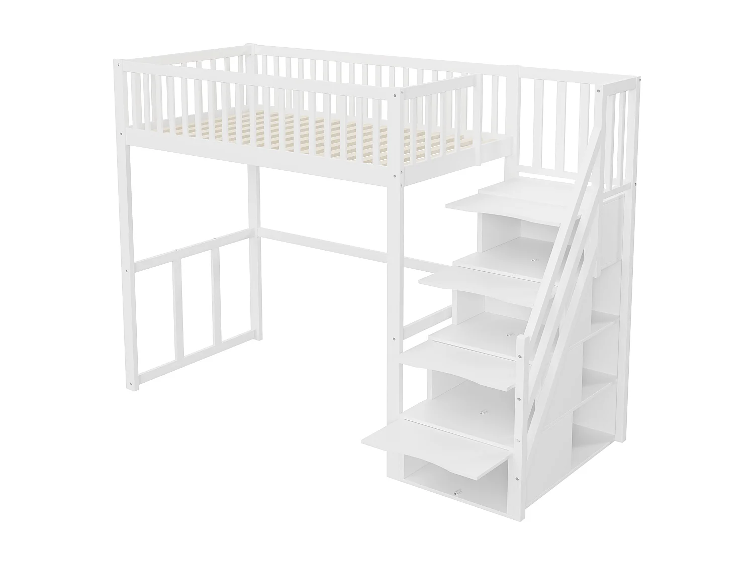Lit mezzanine 90x200cm en bois massif - avec escalier de rangement - Blanc