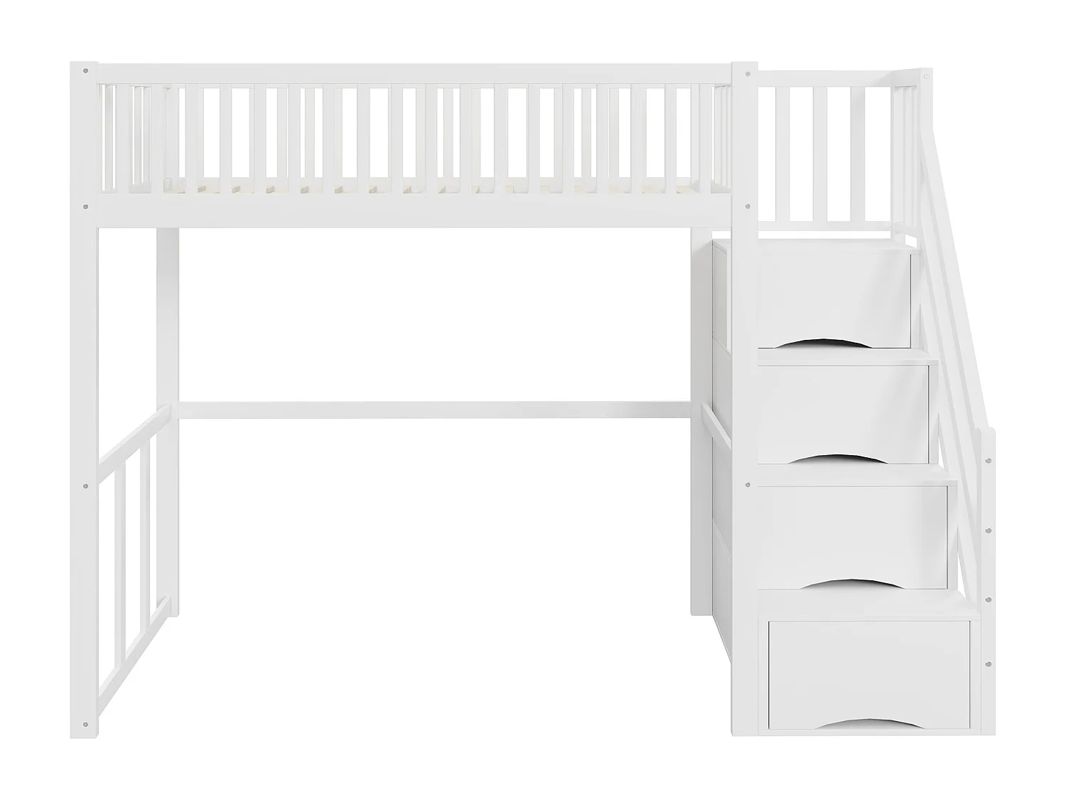 Lit mezzanine 90x200cm en bois massif - avec escalier de rangement - Blanc