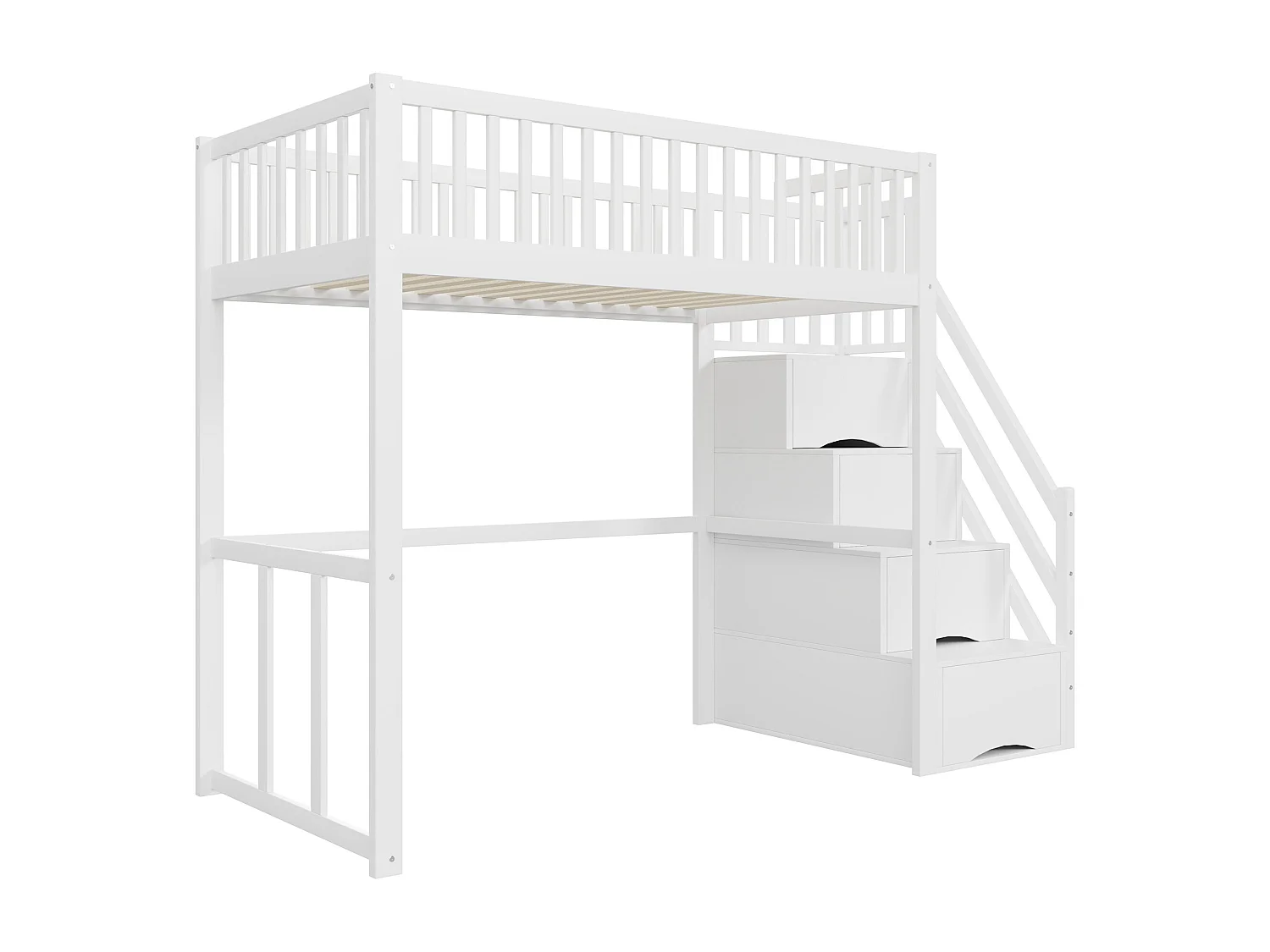 Lit mezzanine 90x200cm en bois massif - avec escalier de rangement - Blanc