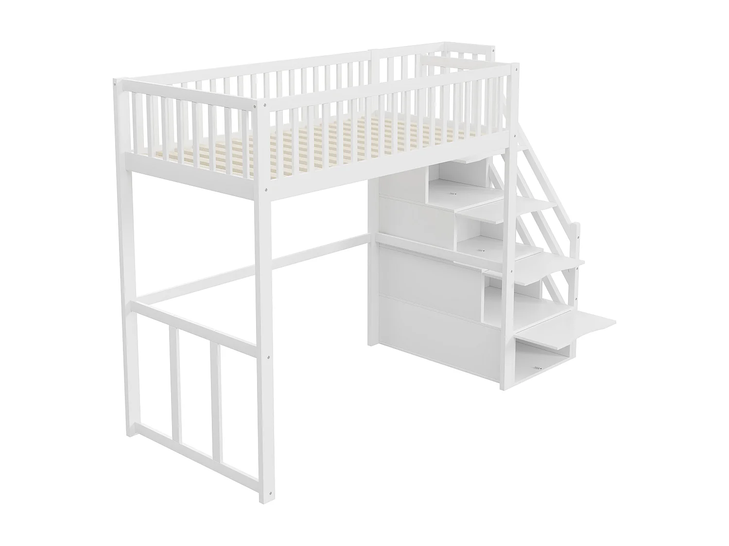 Lit mezzanine 90x200cm en bois massif - avec escalier de rangement - Blanc