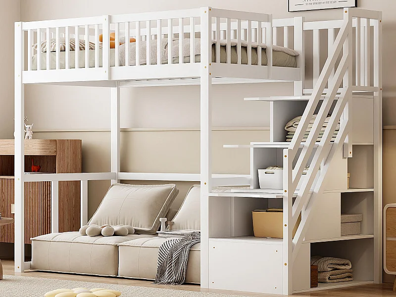 90 x 200 cm großes Zwischenbett aus Massivholz – mit Stauraumtreppe – Weiß