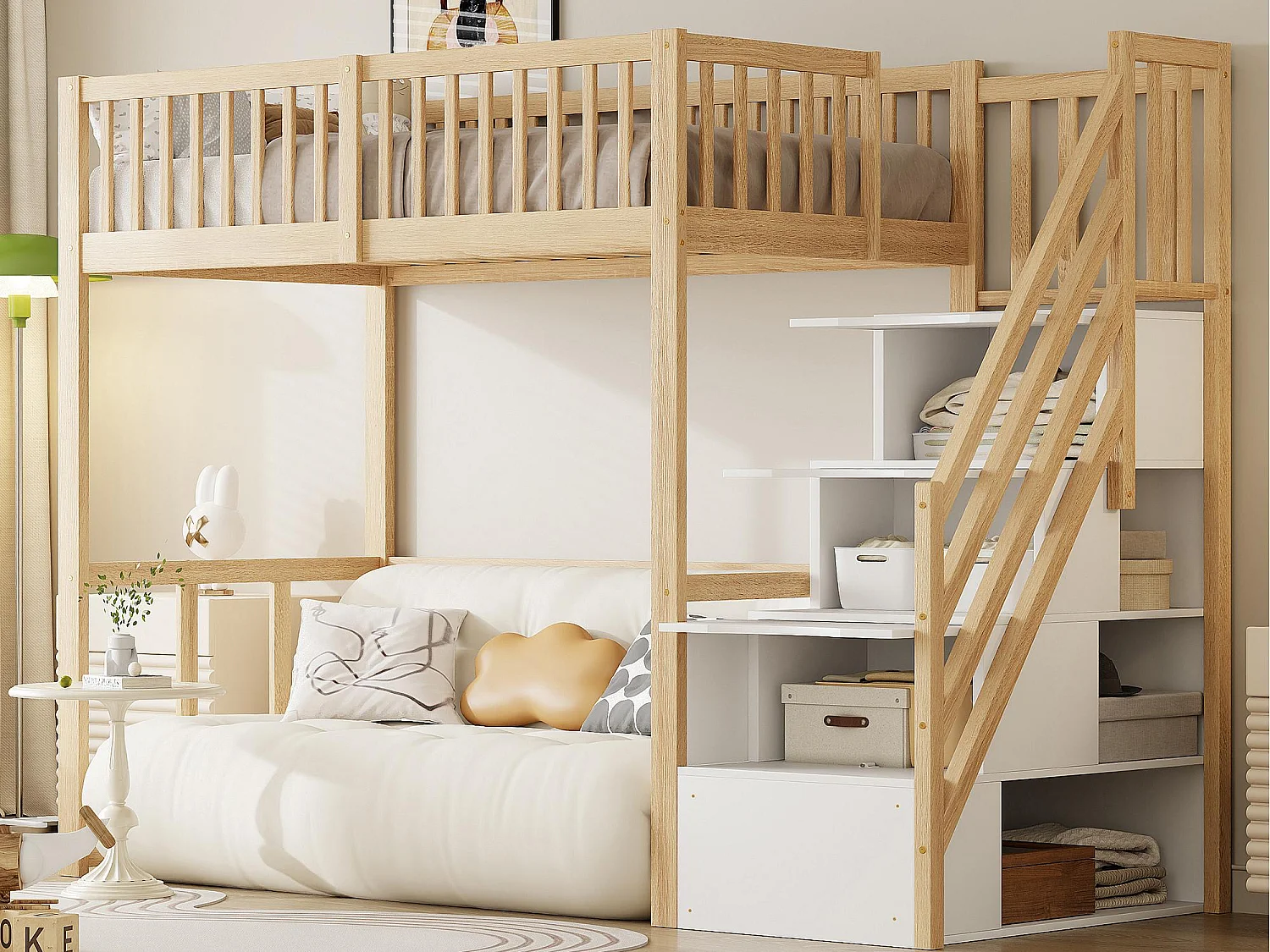 90x200cm Hochbett aus Massivholz – mit Stauraumtreppe – Natur