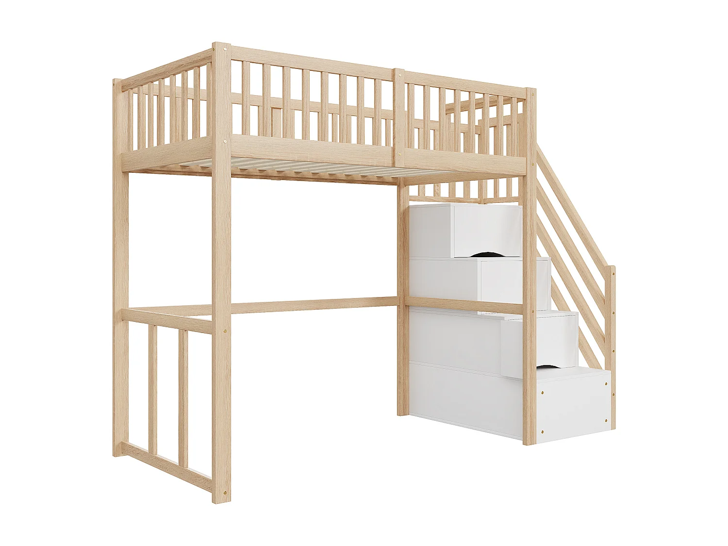 90x200cm Hochbett aus Massivholz – mit Stauraumtreppe – Natur