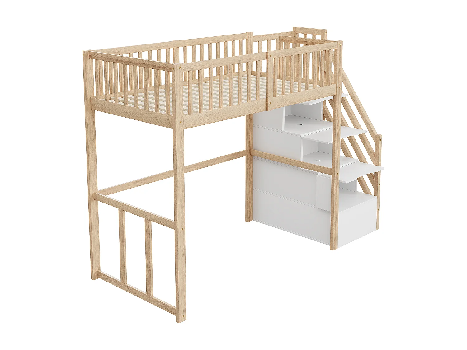 90x200cm Hochbett aus Massivholz – mit Stauraumtreppe – Natur