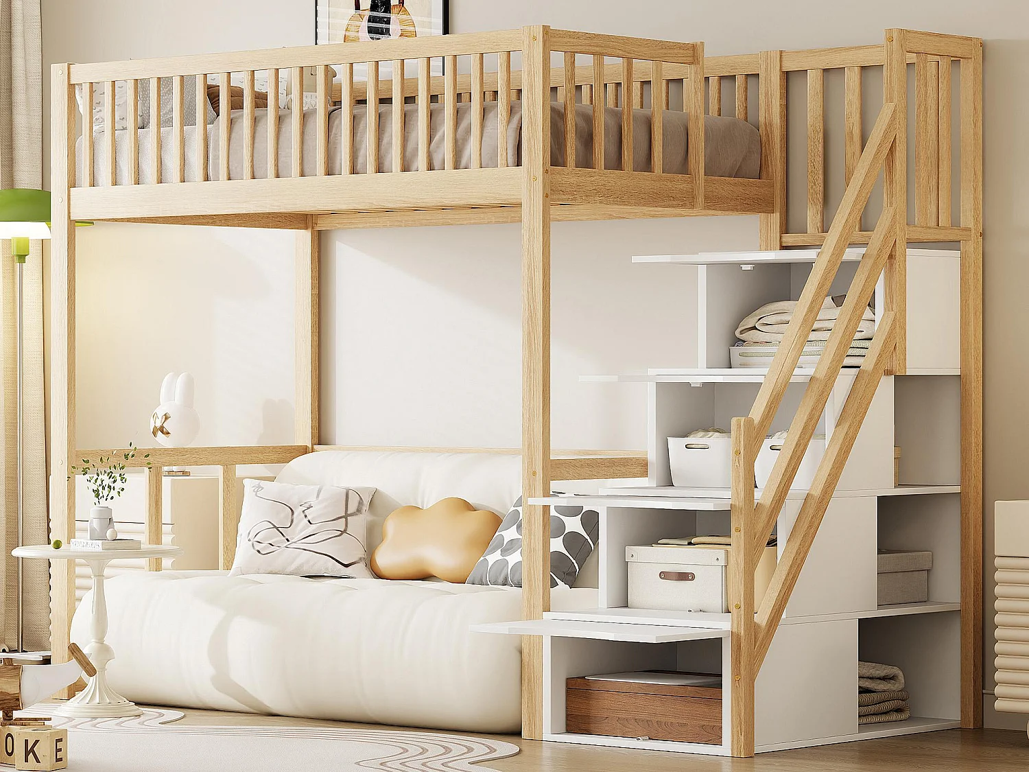 Lit mezzanine 90x200cm en bois massif - avec escalier de rangement - Naturel