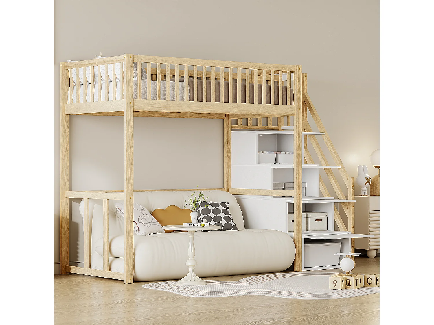 Lit mezzanine 90x200cm en bois massif - avec escalier de rangement - Naturel