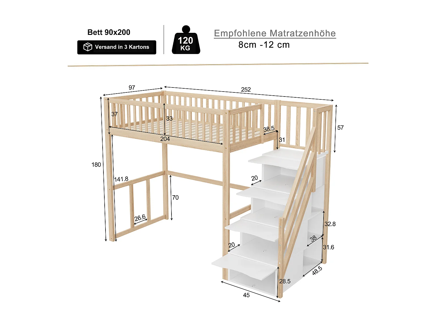 Lit mezzanine 90x200cm en bois massif - avec escalier de rangement - Naturel