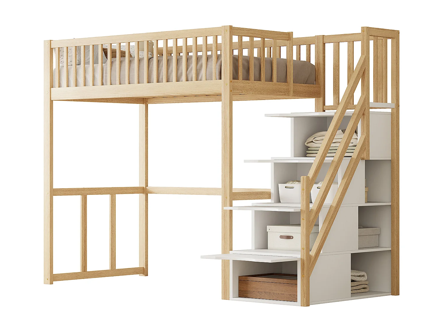 Lit mezzanine 90x200cm en bois massif - avec escalier de rangement - Naturel