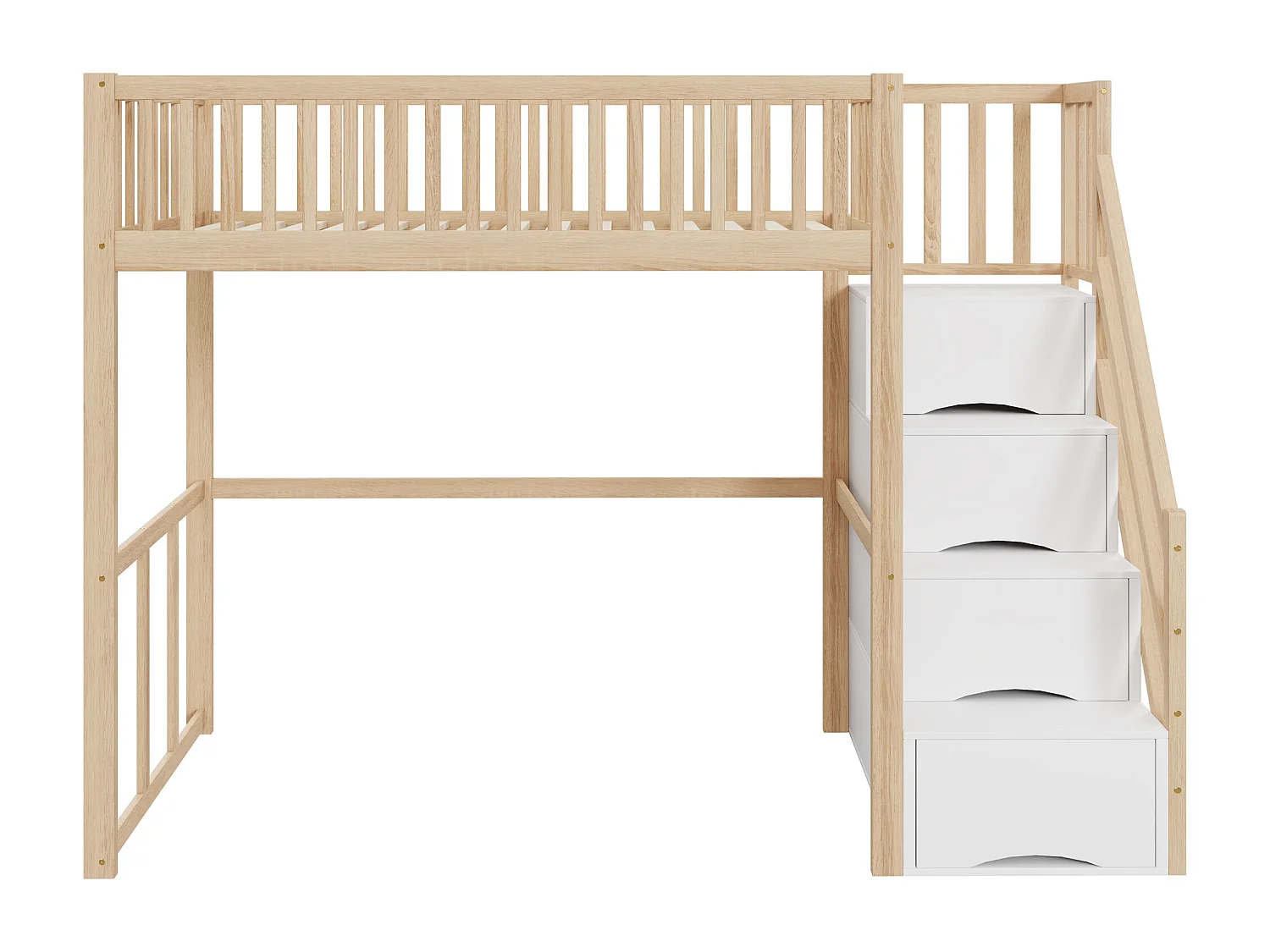 Lit mezzanine 90x200cm en bois massif - avec escalier de rangement - Naturel