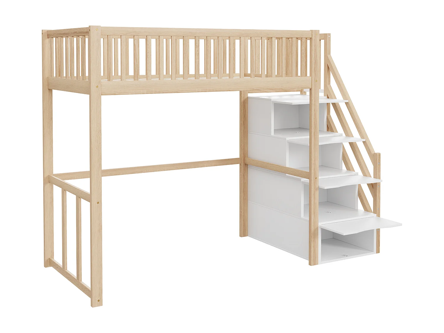 Lit mezzanine 90x200cm en bois massif - avec escalier de rangement - Naturel