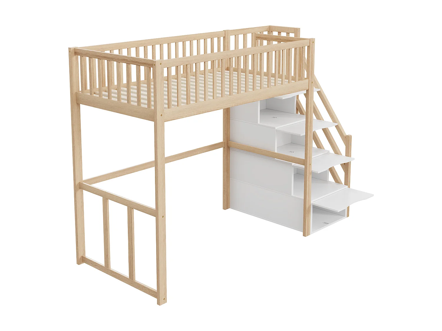 Lit mezzanine 90x200cm en bois massif - avec escalier de rangement - Naturel
