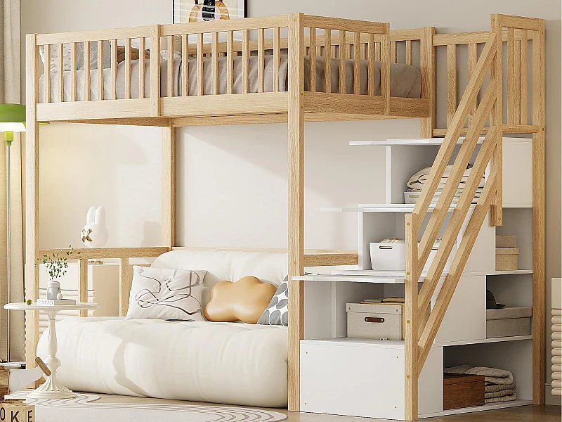 90x200cm Hochbett aus Massivholz – mit Stauraumtreppe – Natur