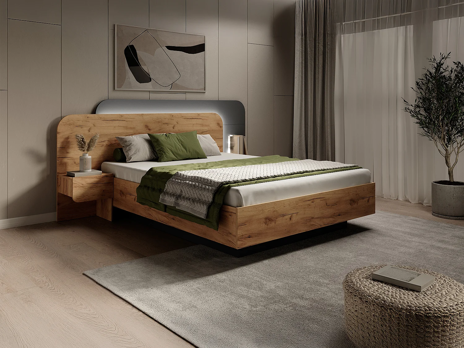 Lit avec chevets 160 x 200 cm - Avec LEDs - Coloris : Naturel et anthracite - DESADO