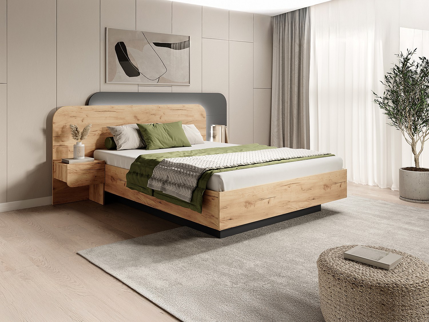 Vente-unique Bett Mit Nachttischen - 160 X 200 Cm - Mit Led-Beleuchtung - Holzfarben & Anthrazit - Desado