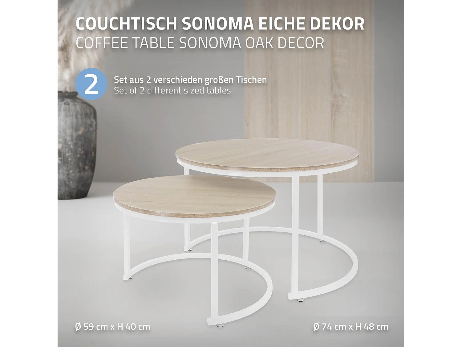 Set di 2 Tavolini da caffè salotto impilabili in MDF bianco Ø 74x48 / Ø 59x40 cm