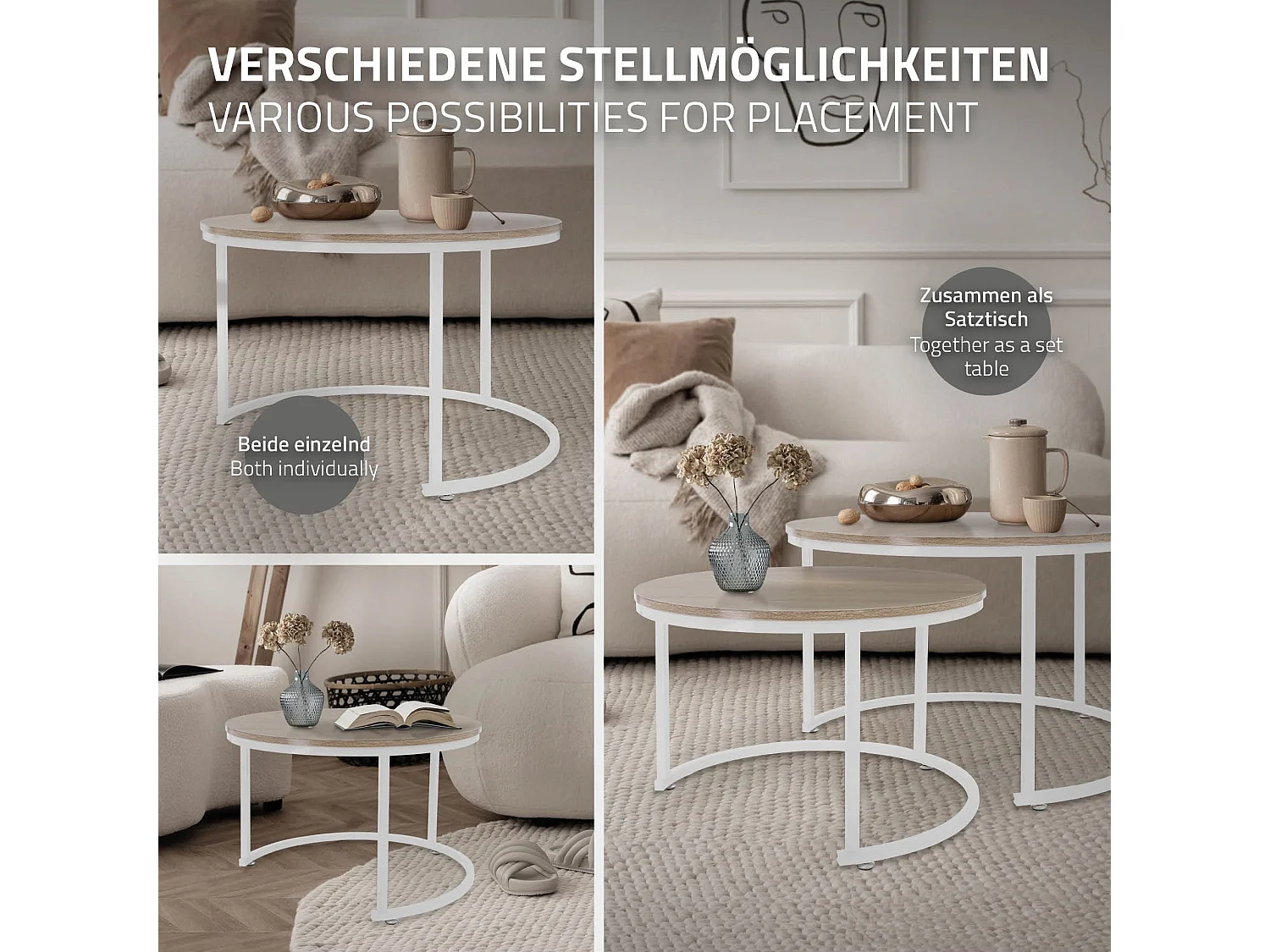 Set di 2 Tavolini da caffè salotto impilabili in MDF bianco Ø 74x48 / Ø 59x40 cm