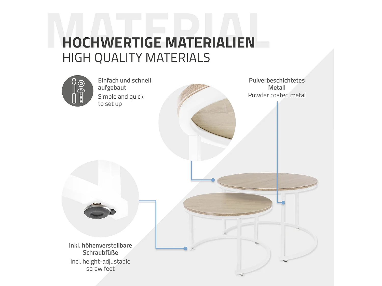 Set di 2 Tavolini da caffè salotto impilabili in MDF bianco Ø 74x48 / Ø 59x40 cm