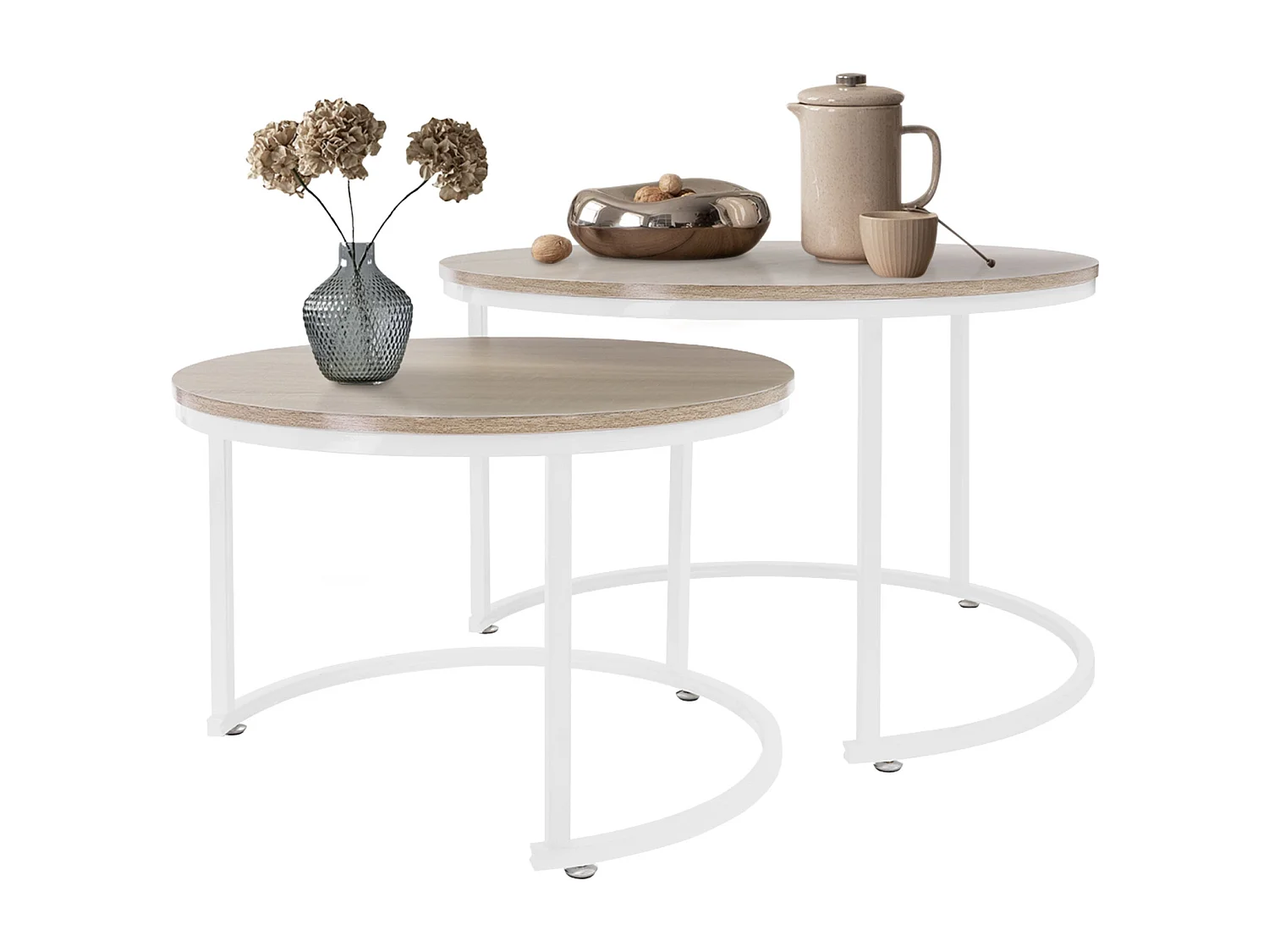Set di 2 Tavolini da caffè salotto impilabili in MDF bianco Ø 74x48 / Ø 59x40 cm
