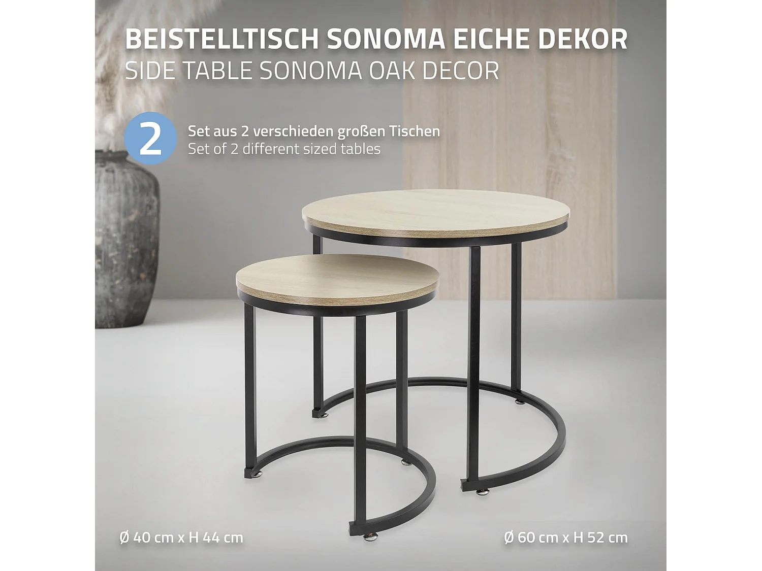 Set di 2 Tavolini da caffè salotto impilabili MDF sonoma/nero Ø 40x44/Ø 60x52 cm