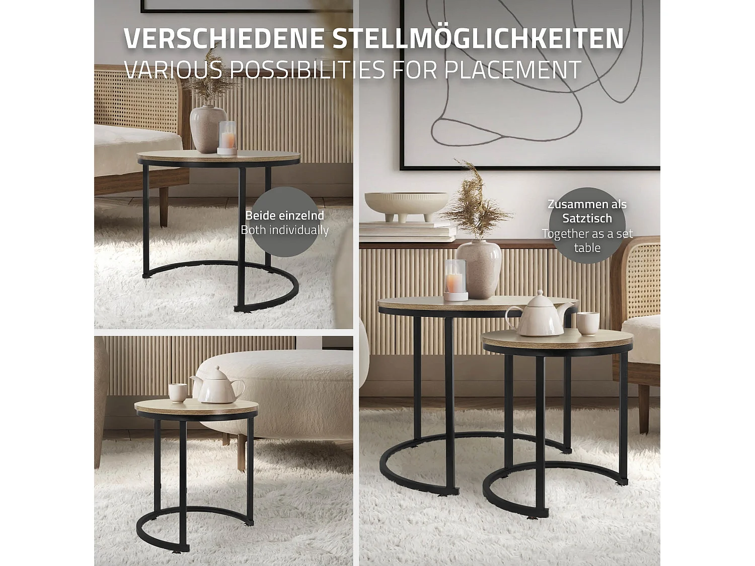 Set di 2 Tavolini da caffè salotto impilabili MDF sonoma/nero Ø 40x44/Ø 60x52 cm