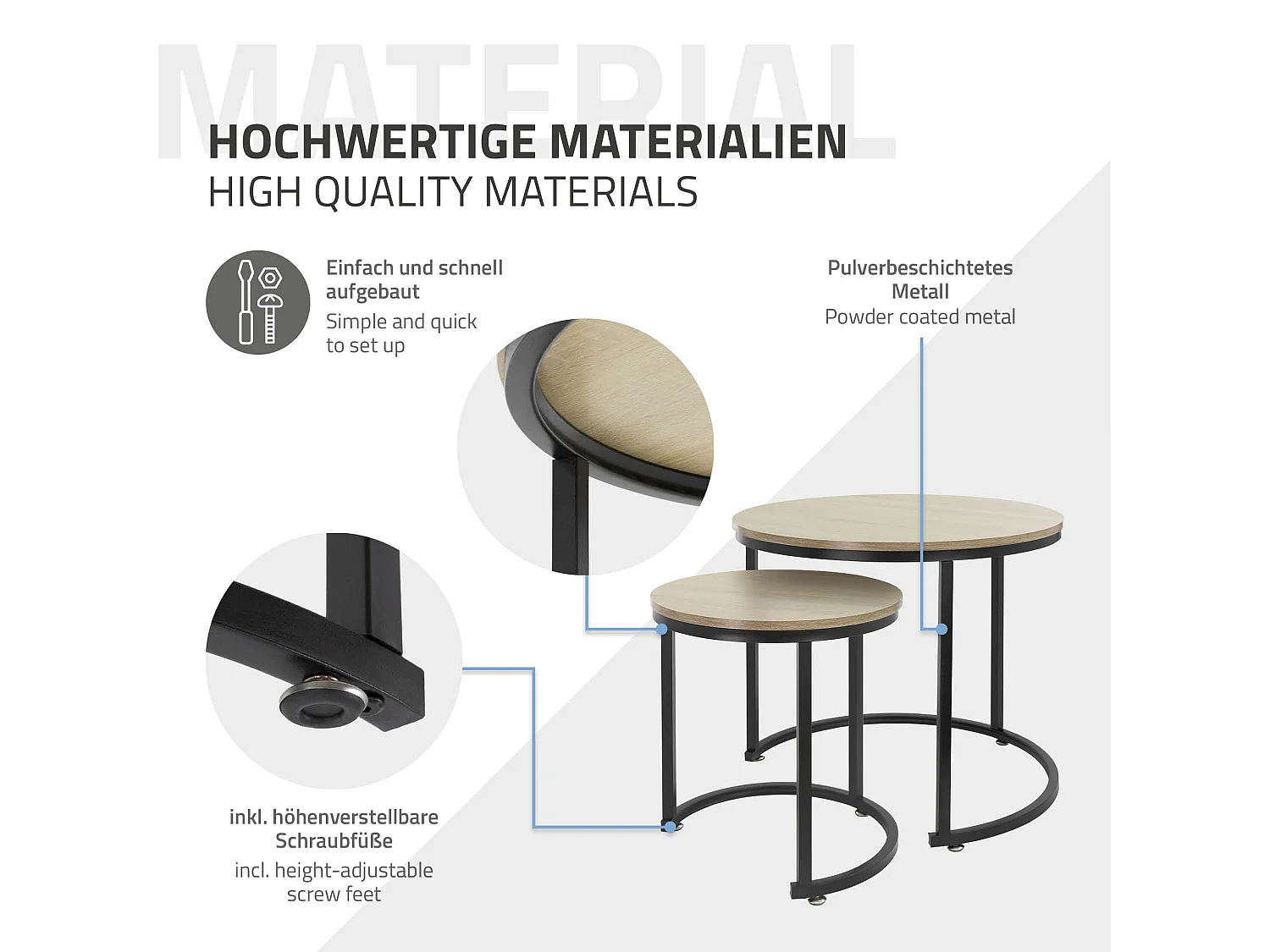 Set di 2 Tavolini da caffè salotto impilabili MDF sonoma/nero Ø 40x44/Ø 60x52 cm