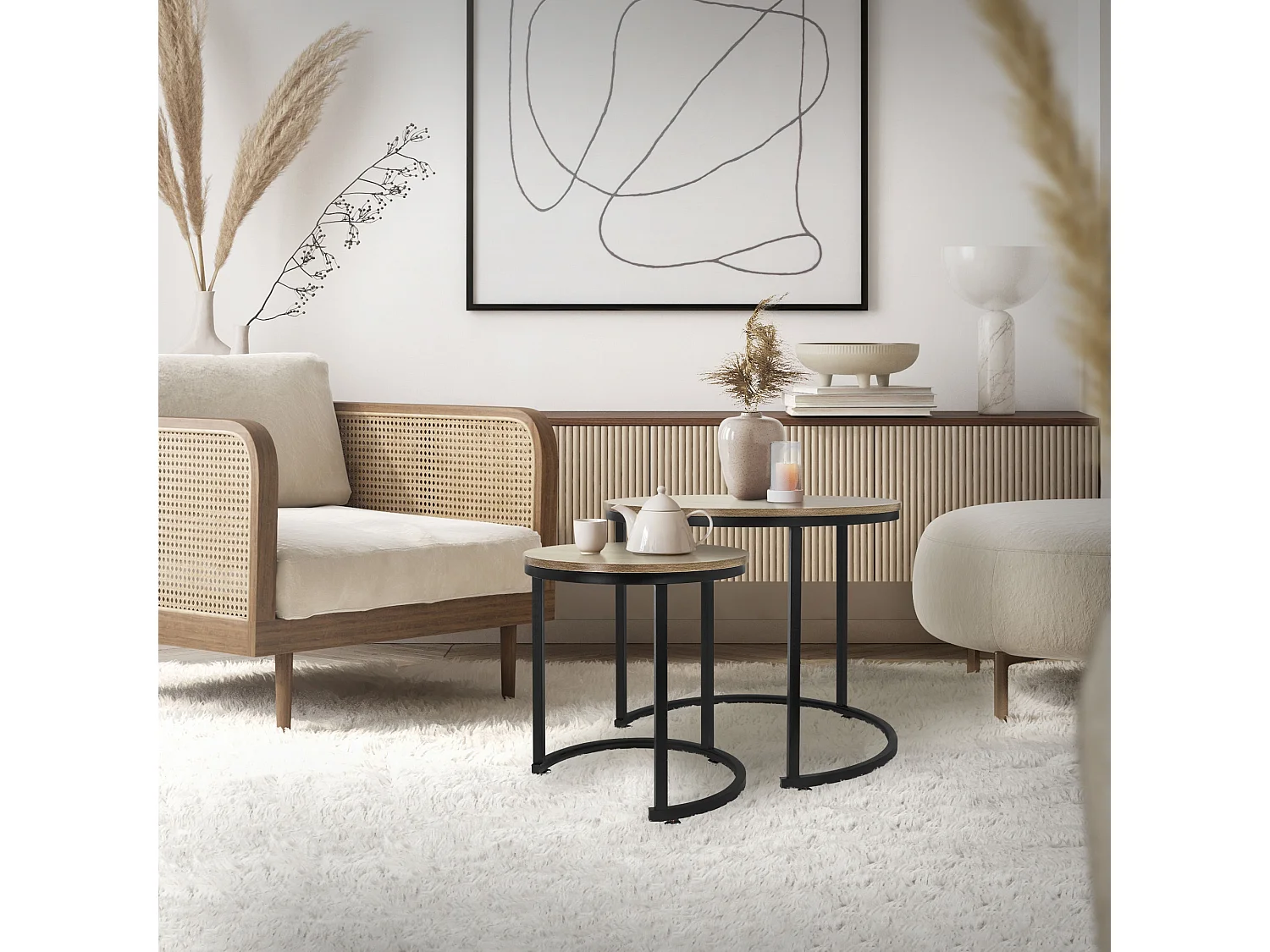 Set di 2 Tavolini da caffè salotto impilabili MDF sonoma/nero Ø 40x44/Ø 60x52 cm