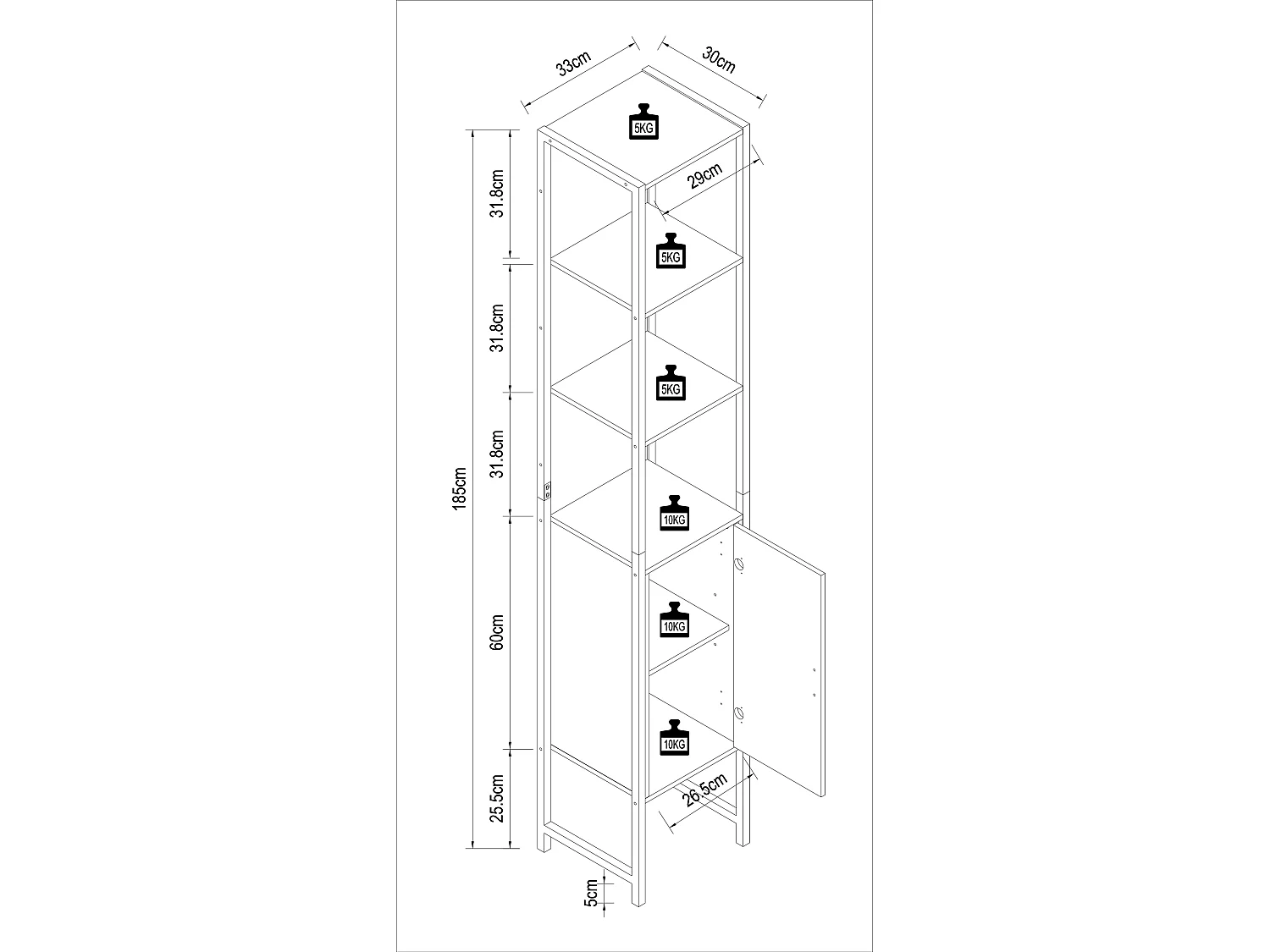 Bathroom furniture high cabinet Edino White H. 185 x W. 33 x D. 30 cm