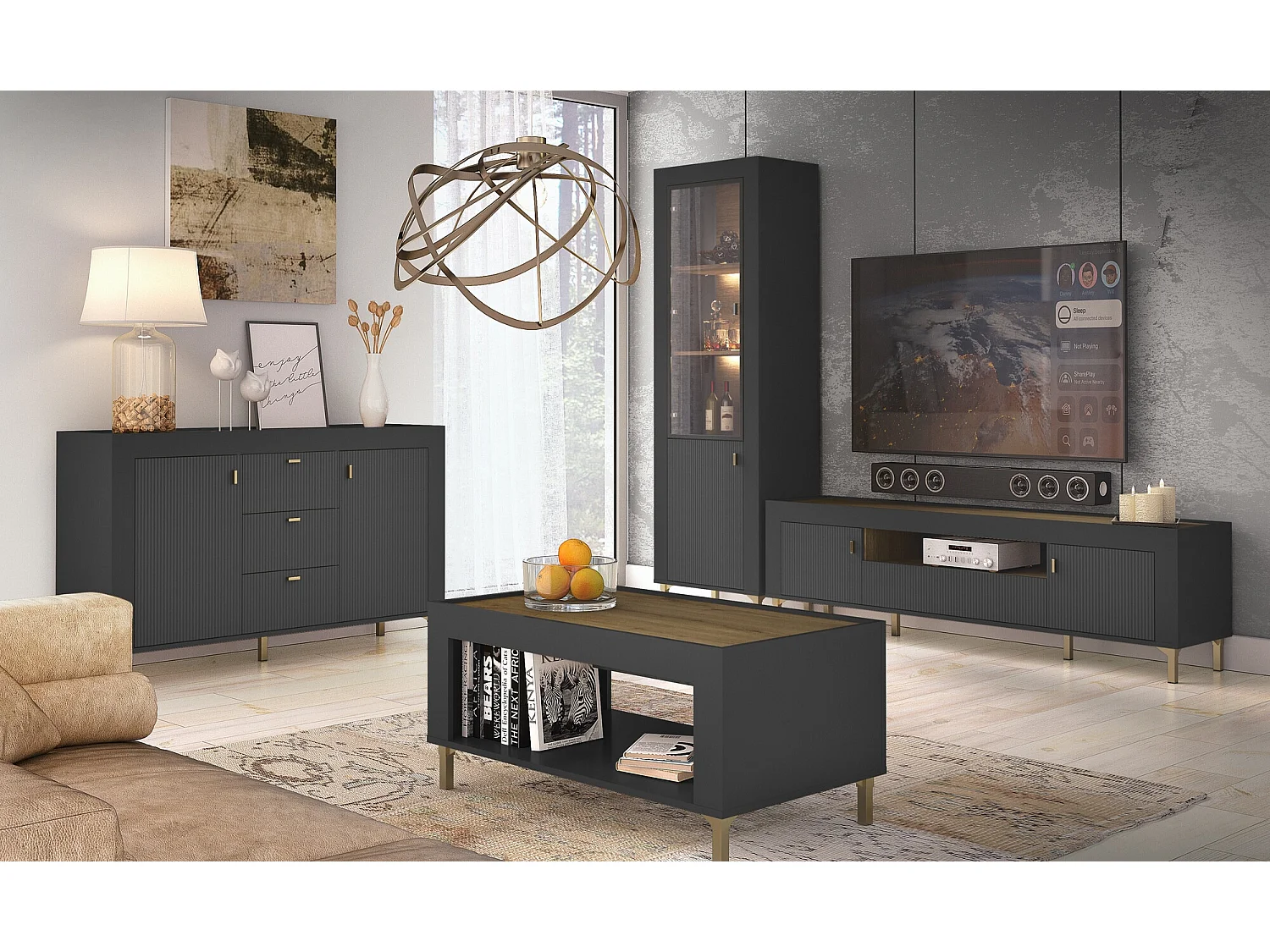 Meuble TV Mormavu 106, Chêne|Noir mat, 177x52x40cm