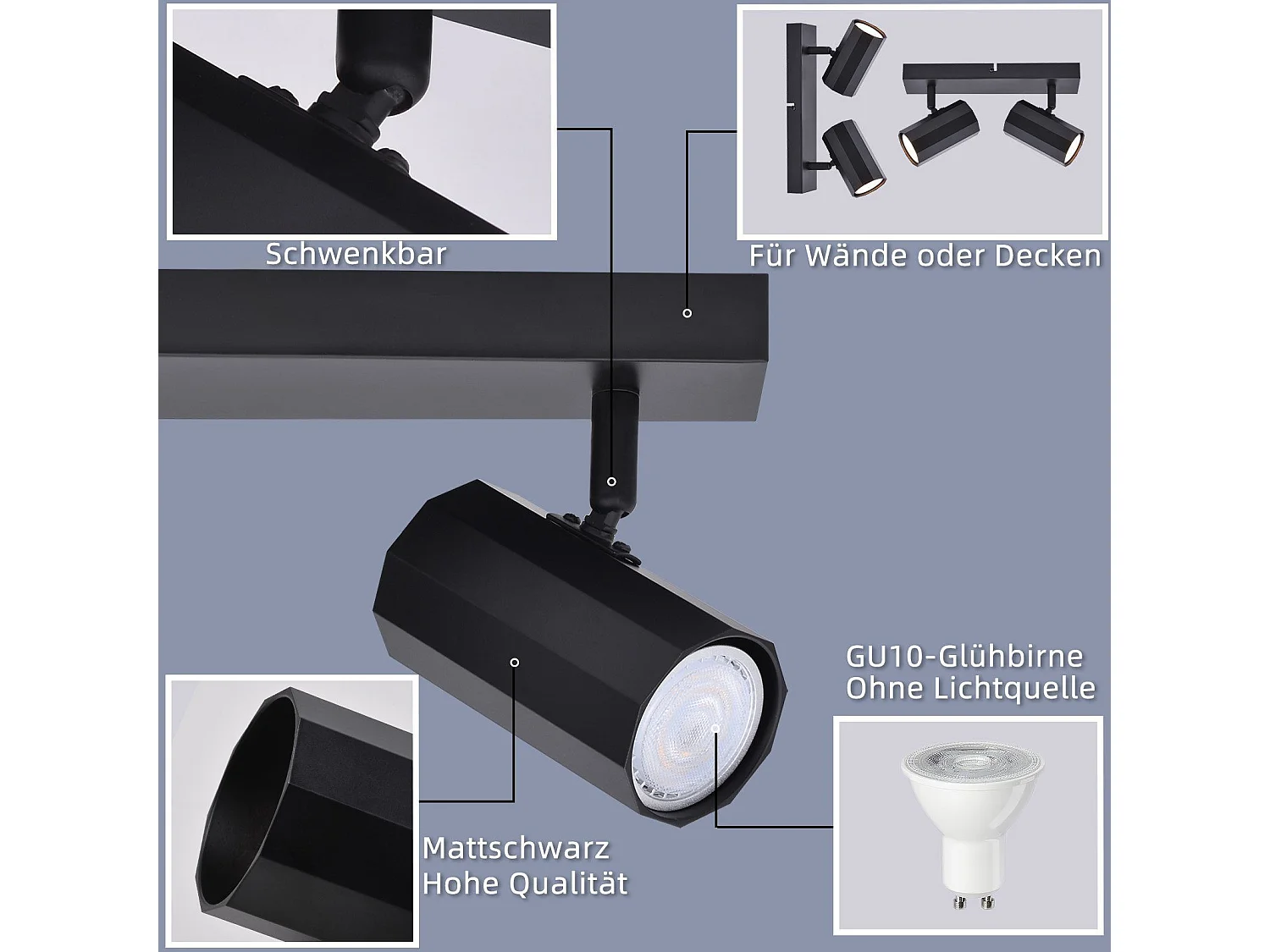 NETTLIFE 2 Vintage Schwarz Deckenstrahler GU10 350° Schwenkbar Retro Küchenlampe Max 25W Metall für Wohnzimmer Esszimmer Schlafzimmer ohne Leuchtmittel