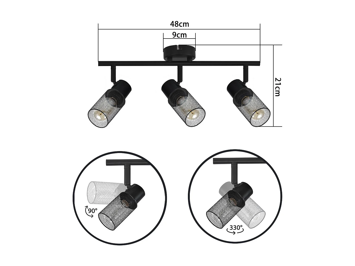 NETTLIFE Plafonnier 3 spots noir vintage E27 pivotant à 330°abat-jour en métal pour salon chambre cuisine d'enfant max. 25W sans ampoule