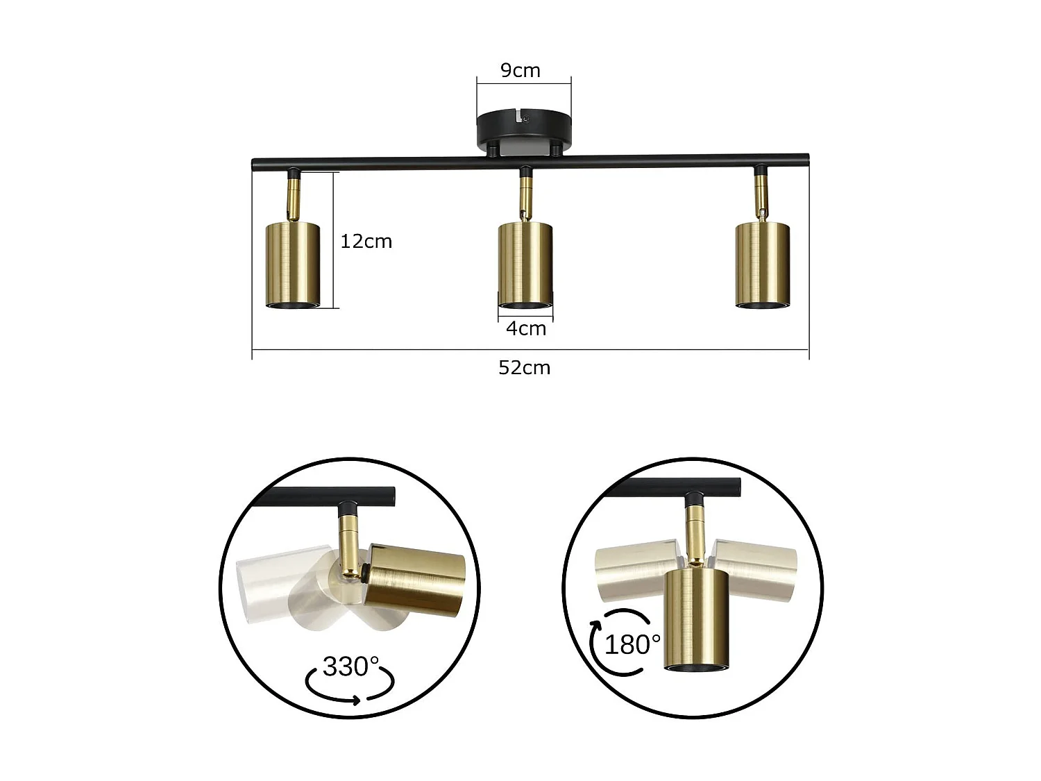 NETTLIFE 3 Spots de plafond vintage E27 lampe industrielle noir et or rétro pivotant moderne pour cuisine couloir salle à manger
