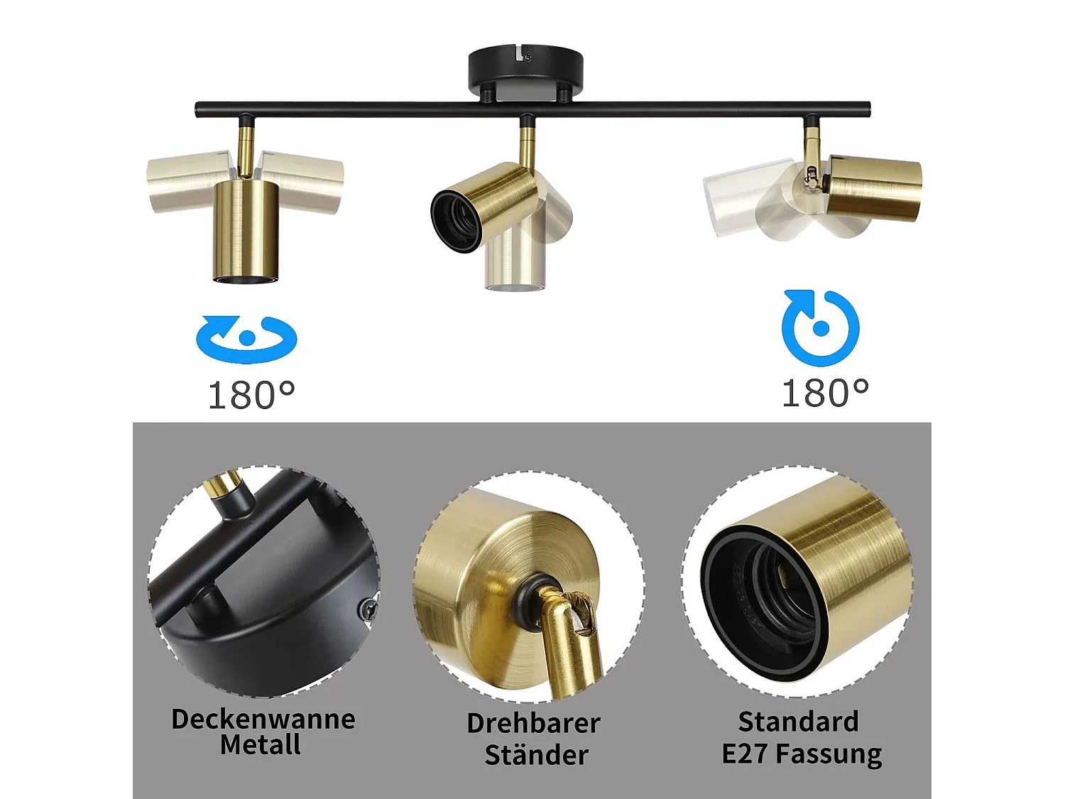 3er Vintage Deckenstrahler E27 Industrielampe Schwarz Gold Retro Schwenkbar Modern