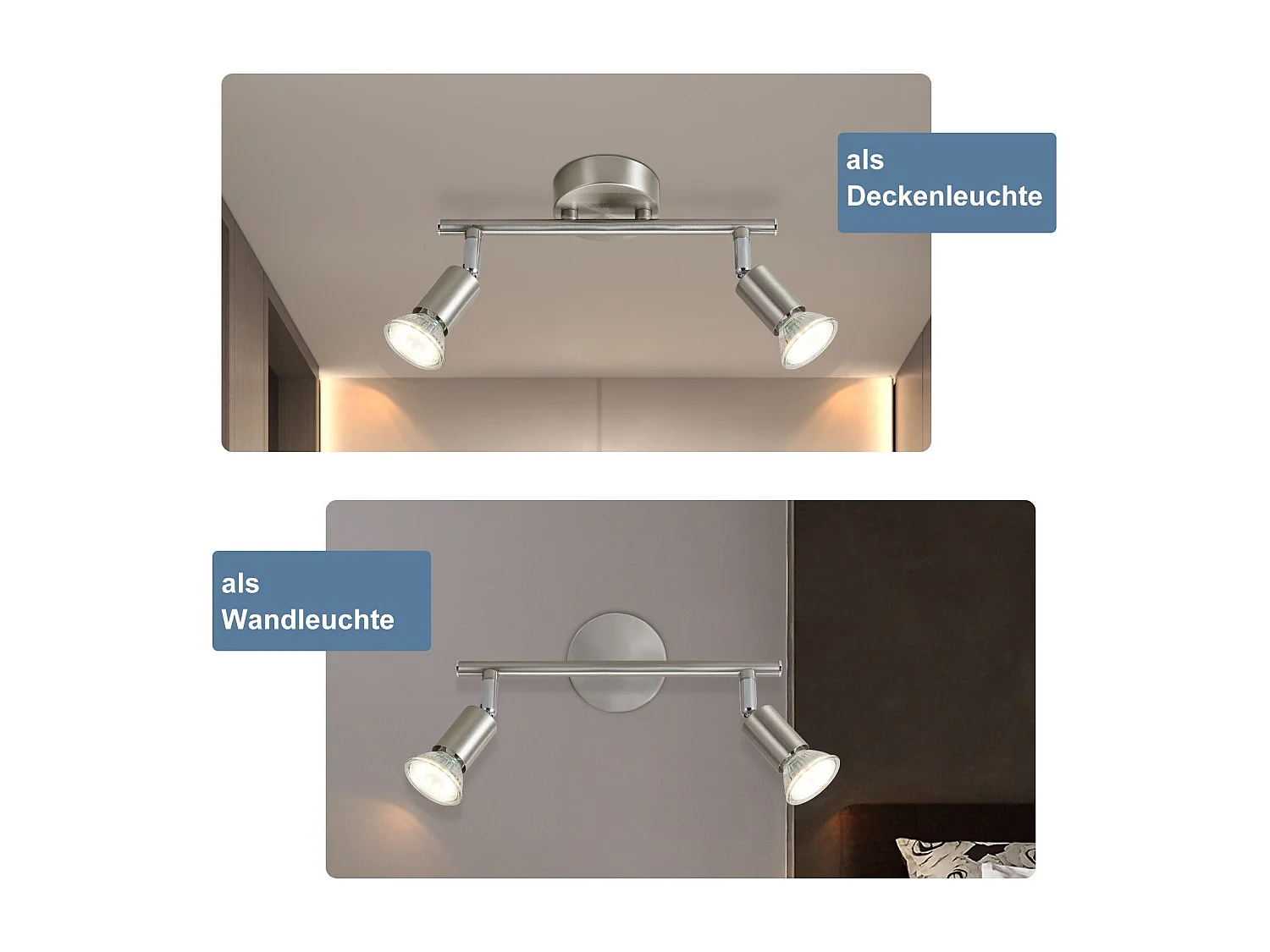 NETTLIFE 2 Spots de plafond couloir moderne GU10 orientables à 330°en acier inoxydable pour salon chambre (sans ampoule)