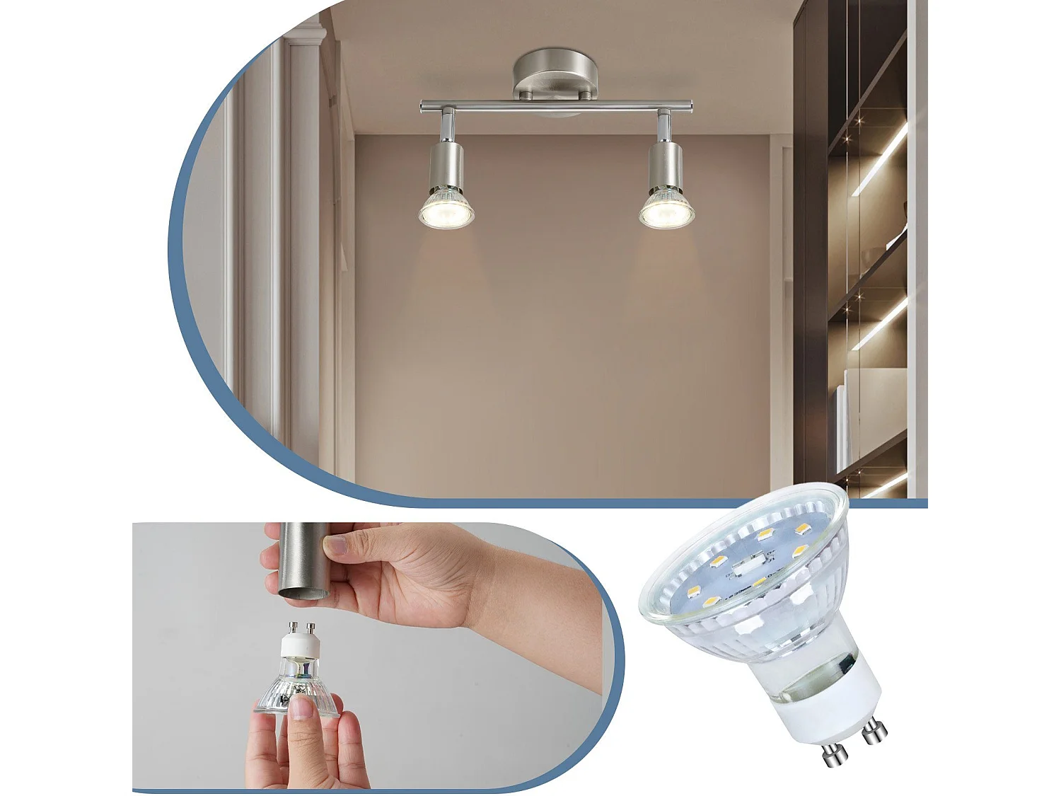 NETTLIFE 2 Spots de plafond couloir moderne GU10 orientables à 330°en acier inoxydable pour salon chambre (sans ampoule)