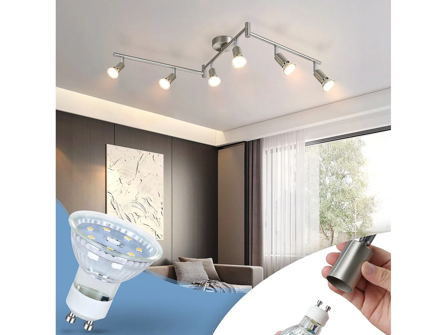 NETTLIFE 6 Spots de plafond salon moderne GU10 pivotants à 330° en acier inoxydable pour chambre intérieur (sans ampoule)