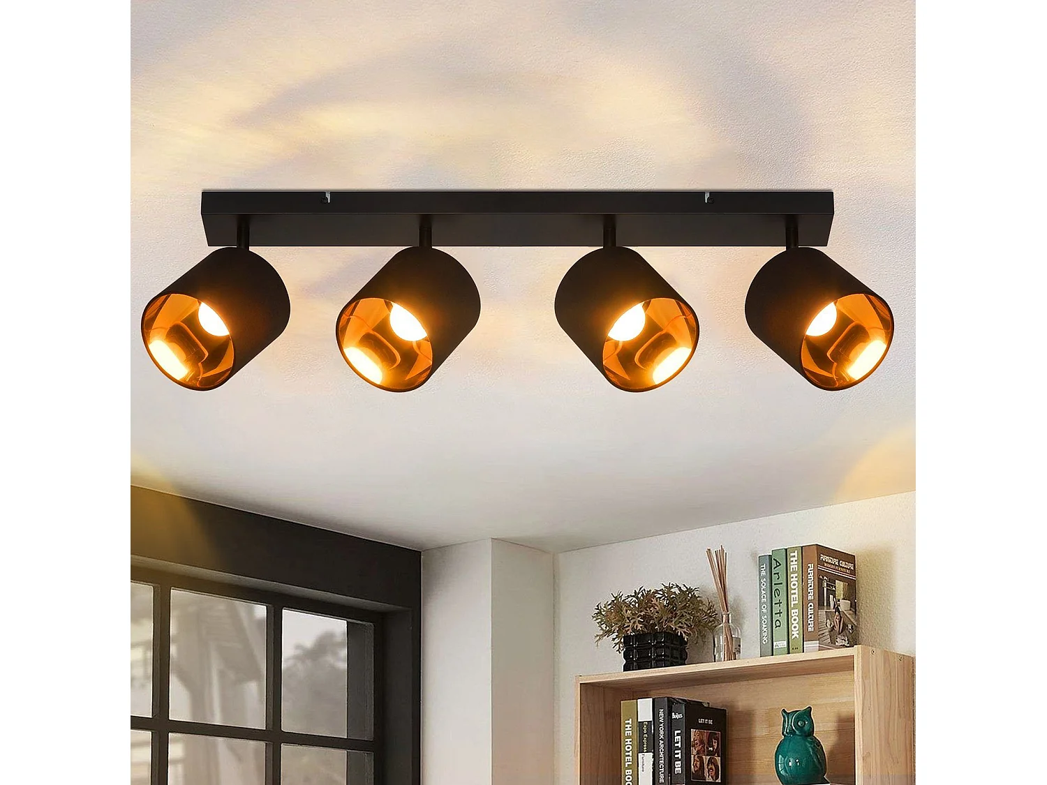 NETTLIFE 4 Vintage Zwarte Plafondlampen E14 350° Draaibaar MAX. 25W met stoffen lampenkap voor slaapkamer/woonkamer (zonder lamp)