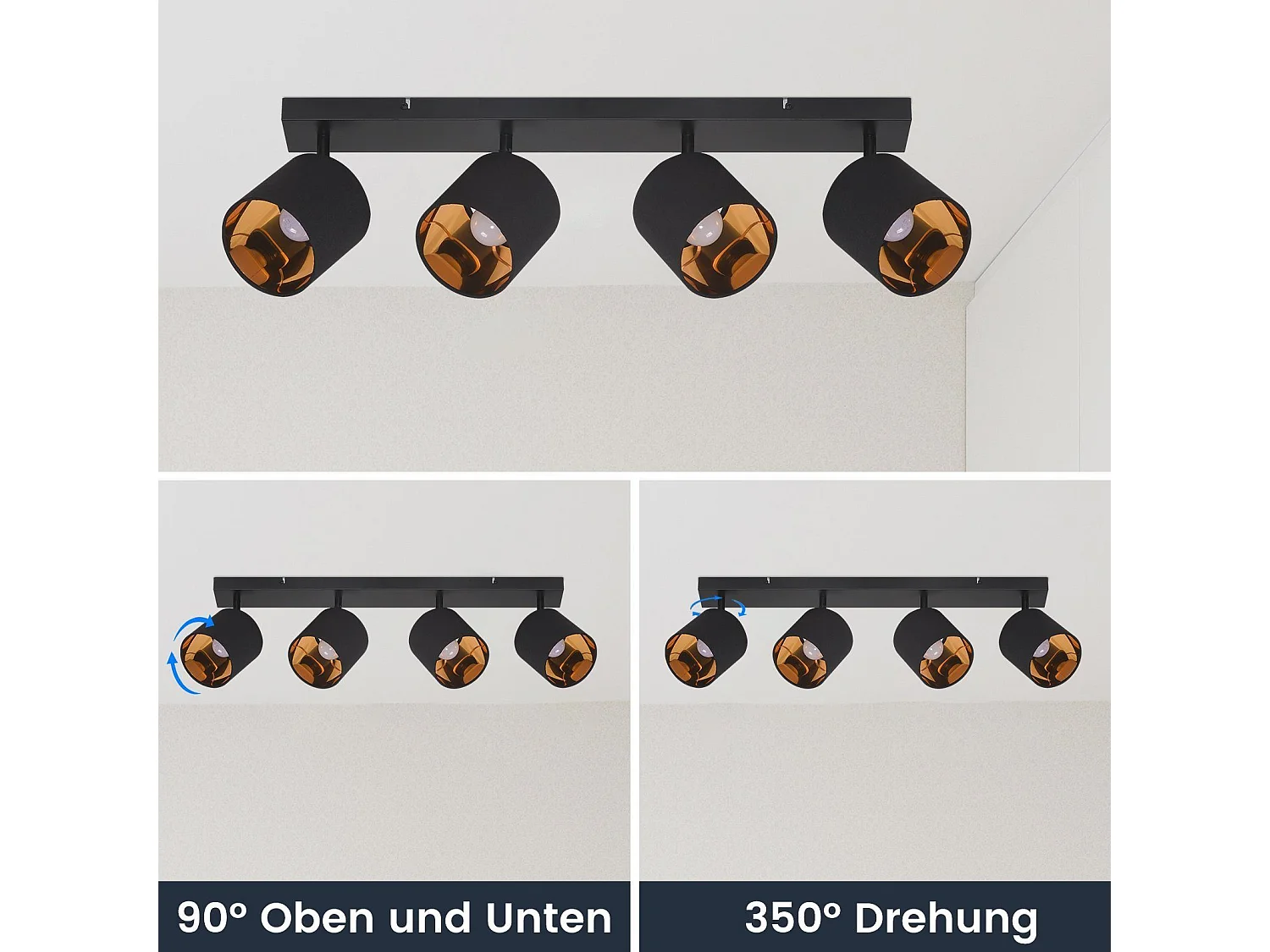 NETTLIFE 4 Vintage Zwarte Plafondlampen E14 350° Draaibaar MAX. 25W met stoffen lampenkap voor slaapkamer/woonkamer (zonder lamp)