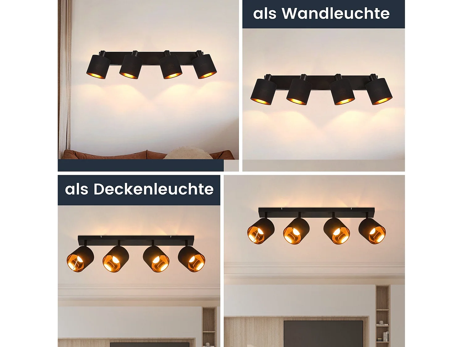 NETTLIFE 4 Vintage Zwarte Plafondlampen E14 350° Draaibaar MAX. 25W met stoffen lampenkap voor slaapkamer/woonkamer (zonder lamp)