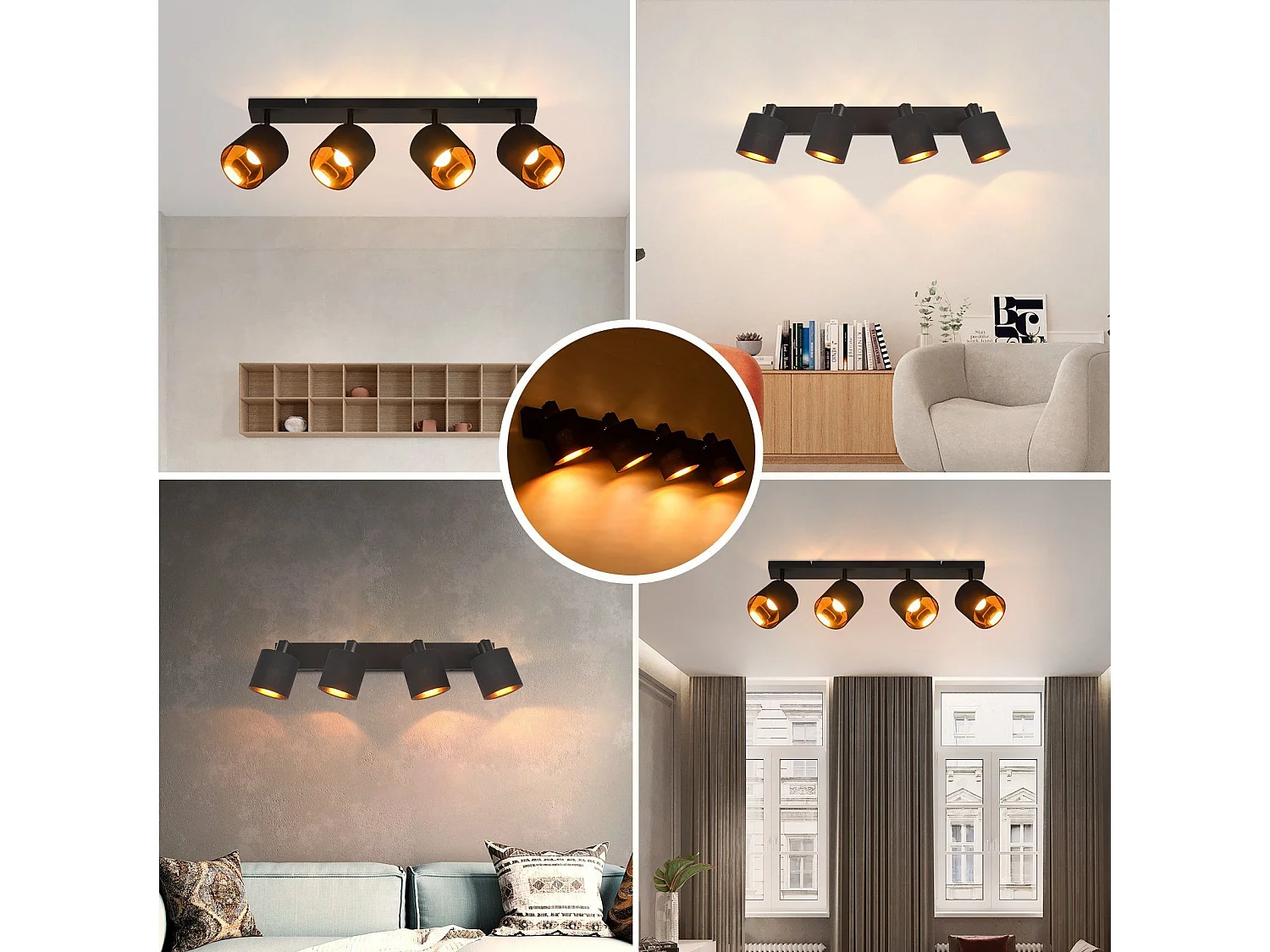 NETTLIFE 4 Spots de Plafond Noir Vintage E14 Pivotants à 350° MAX.25W avec Écran en Tissu pour Chambre Couloir Salon (Sans Ampoule)