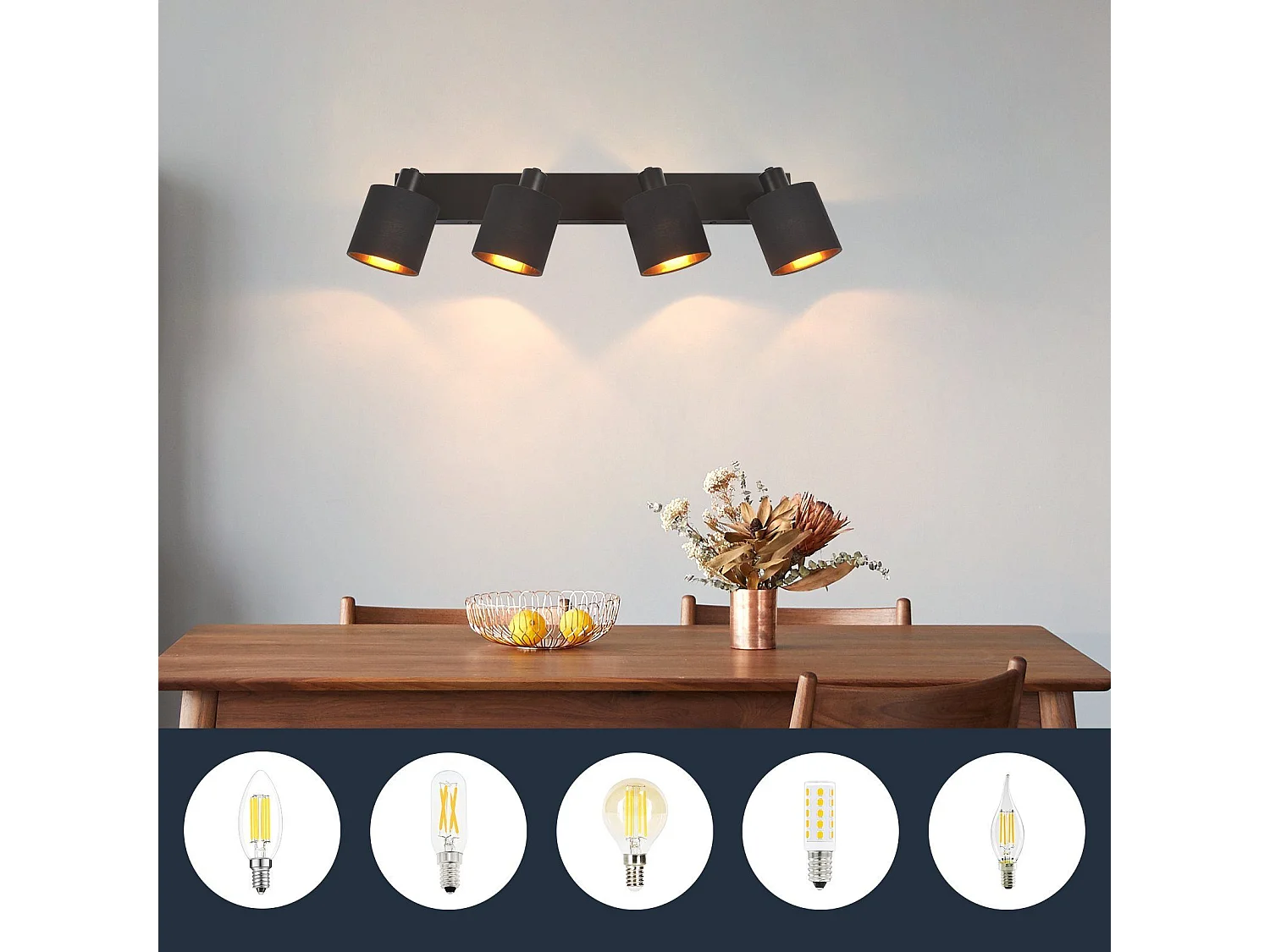 NETTLIFE 4 Spots de Plafond Noir Vintage E14 Pivotants à 350° MAX.25W avec Écran en Tissu pour Chambre Couloir Salon (Sans Ampoule)