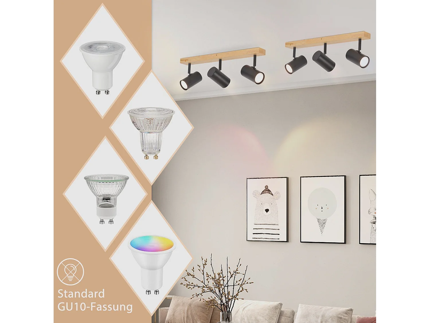 NETTLIFE Opbouwspot GU10 3 Vlam - Zwart - Metaal en Hout - Retro Plafondspot - Draaibaar 350° Plafondlamp - voor Woonkamer Slaapkamer Keuken - Max.25W