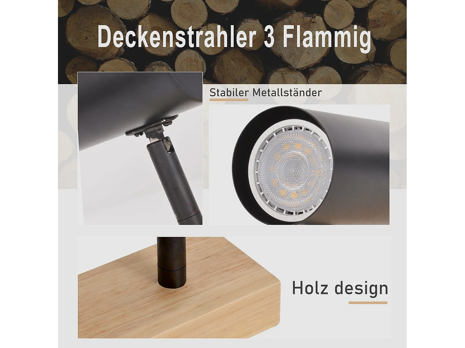 NETTLIFE Opbouwspot GU10 3 Vlam - Zwart - Metaal en Hout - Retro Plafondspot - Draaibaar 350° Plafondlamp - voor Woonkamer Slaapkamer Keuken - Max.25W