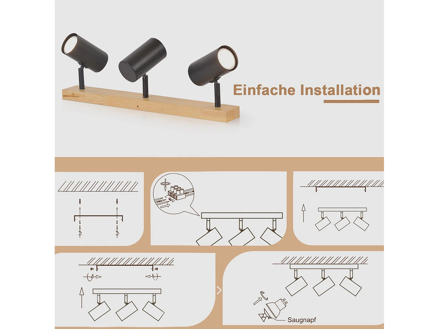NETTLIFE Opbouwspot GU10 3 Vlam - Zwart - Metaal en Hout - Retro Plafondspot - Draaibaar 350° Plafondlamp - voor Woonkamer Slaapkamer Keuken - Max.25W